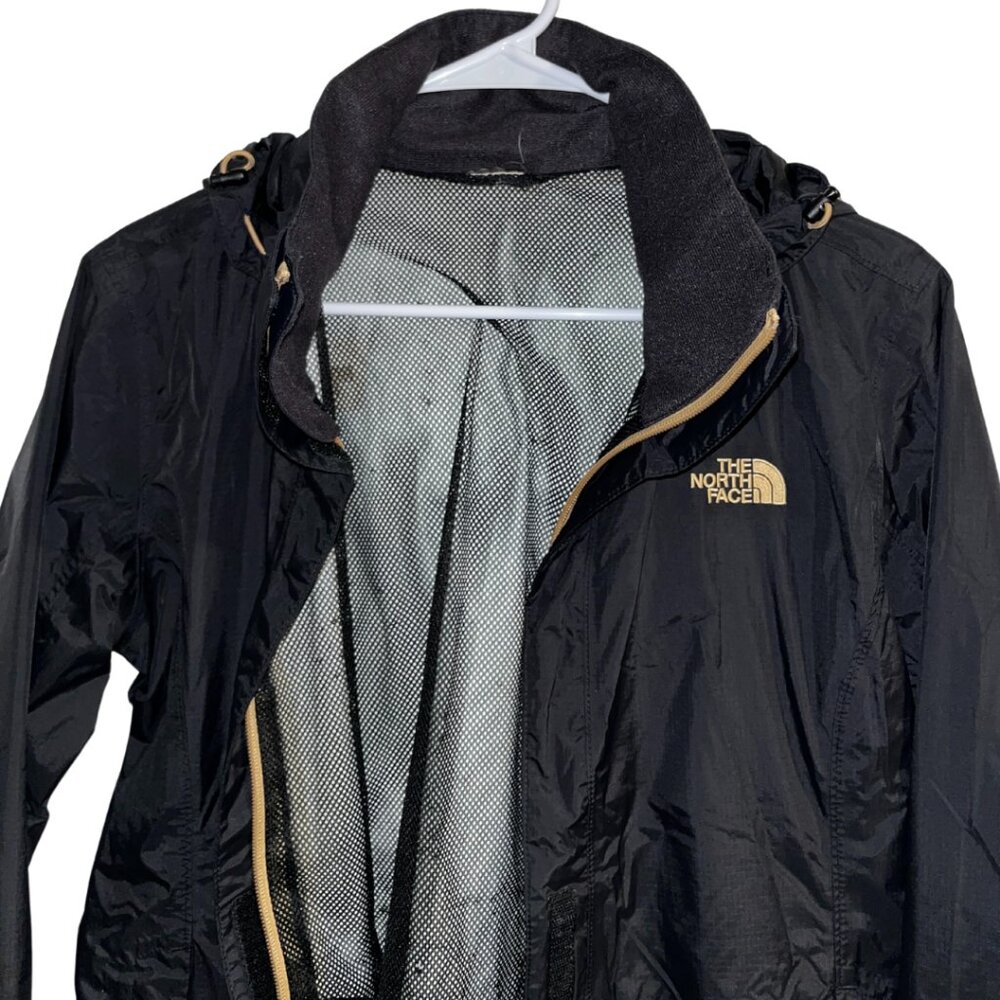 North Face Women's Hyvent Waterproof Rain Jacket Black & Gold Packable Hood
